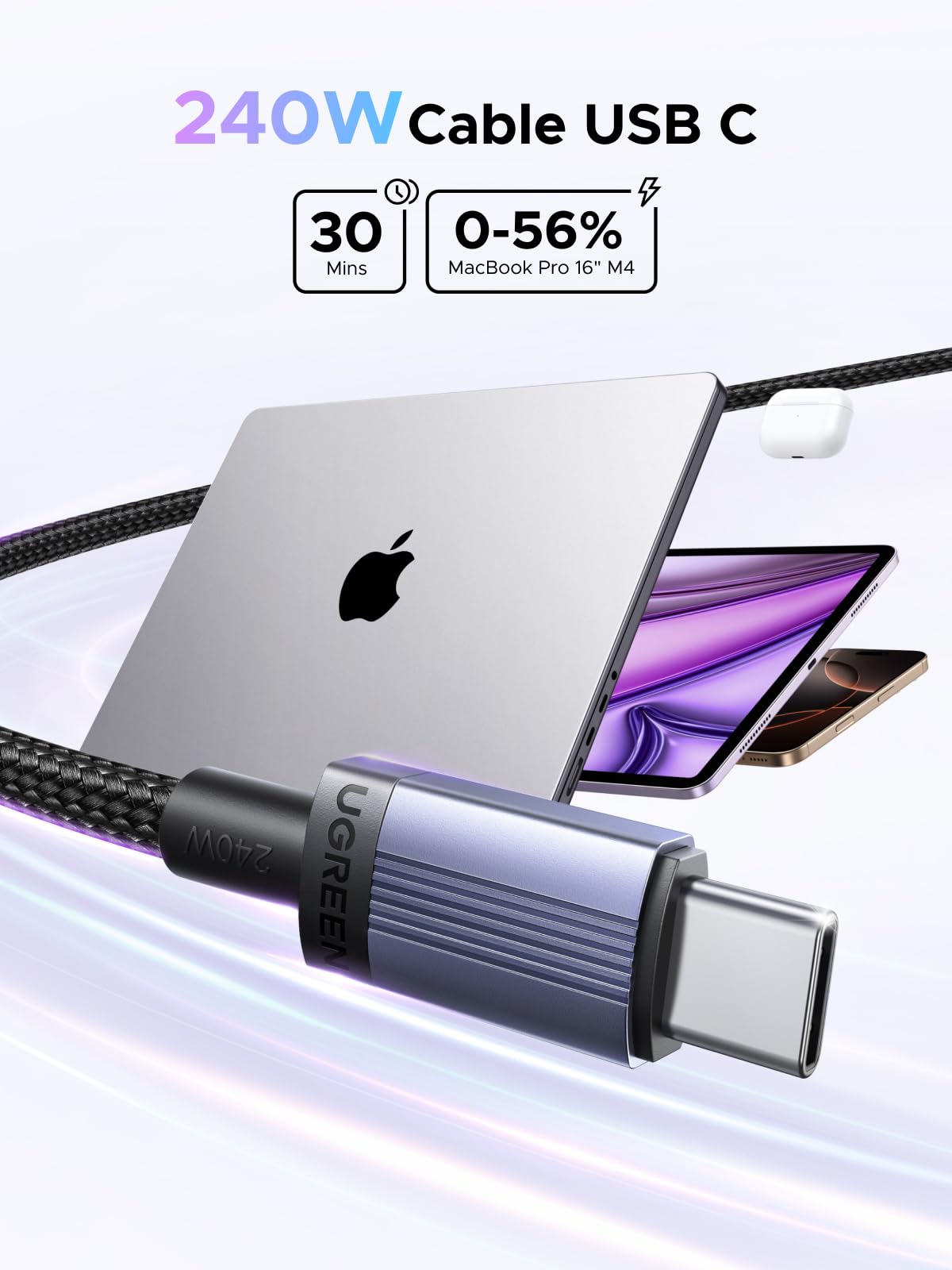 Cable USB C a USB C UGREEN en Negro Carga Rápida 240W 2M para Laptop, MacBook, iPhone, Galaxy, iPad, Pixel