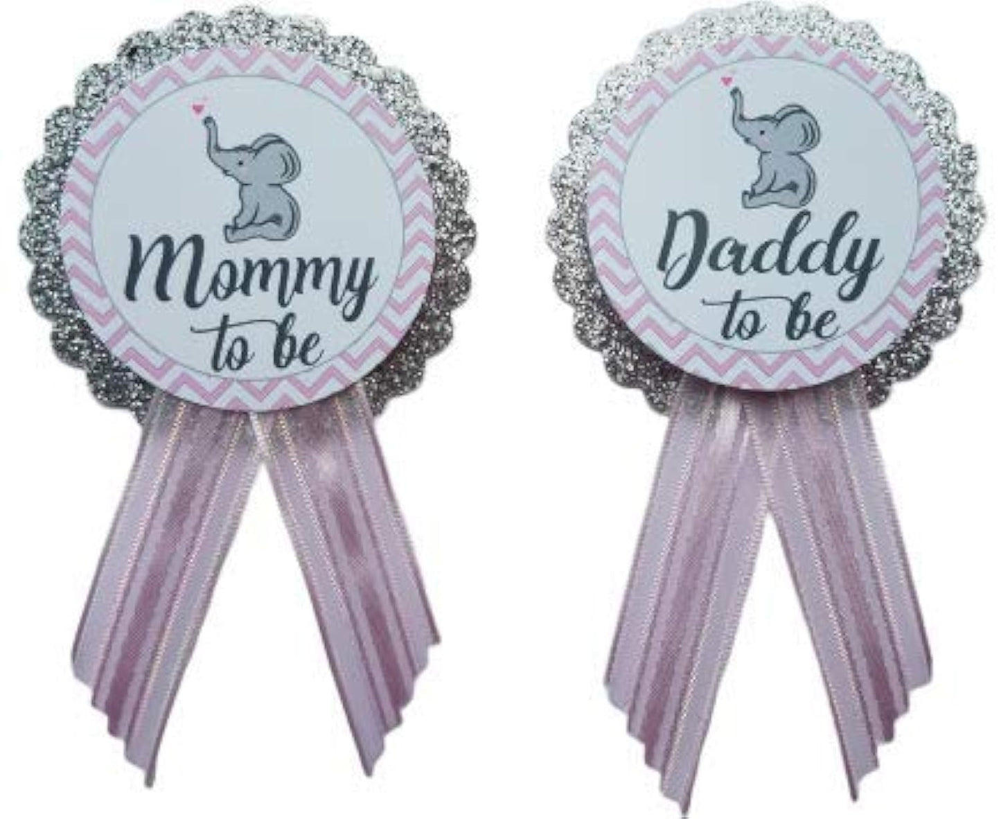 Mommy & Daddy to Be Pin Elefante plateado con purpurina para baby shower Pin para que los padres usen, rosa y gris, It's a Girl Sprinkle, Una talla, cartulina cinta de satén, Sin gemas.