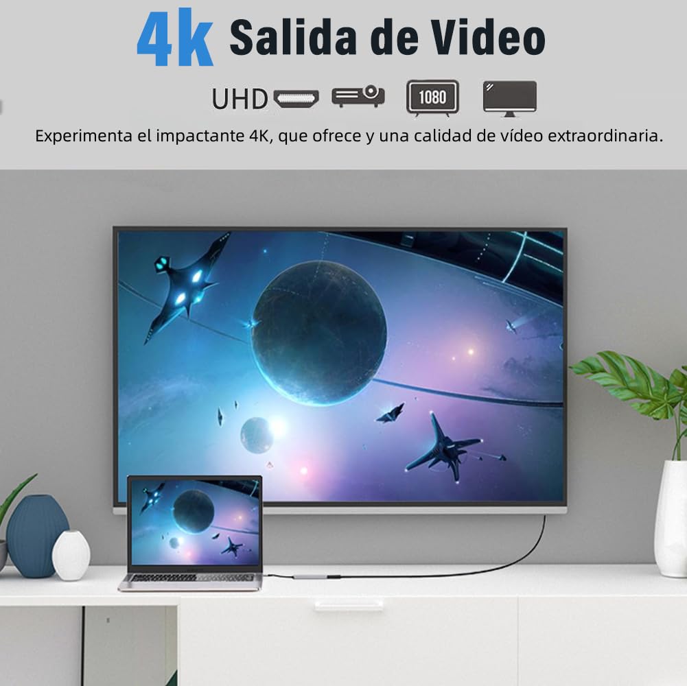 Hub USB C 6 en1, Adaptador Tipo C para MacBook Air, Adaptador USB C a HDMI 4K con USB 3.0 PD Carga Lector de Tarjetas SD TF Compatible con MacBook Pro, iPad Pro, Huawei y Más Dispositivos Tipo C