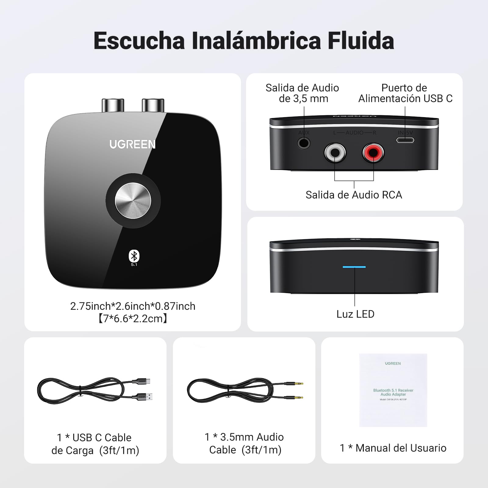 Receptor Bluetooth de Coche UGRRN Negro con Aux Dual Link Aptx HD para Teléfonos Inteligentes y Tabletas