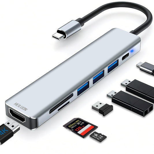 HeiLuon Adaptador Hub USB C 7 en 1 con HDMI 4K, 3 Puertos USB 3.0, Lector de Tarjetas SD, Carga PD 100W, Hub USB C para Laptop, PC Adaptador USB C a hdmi, HDMI a USB C, Tipo C a Hdmi
