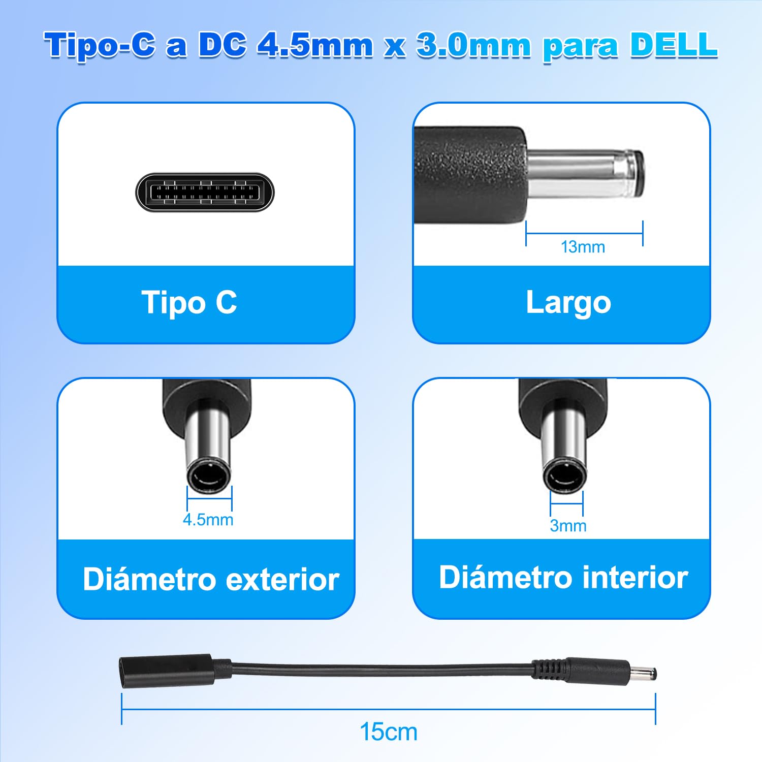 Cable Tipo C Hembra de Smart Tip (2 Piezas), Carga Rápida para portátil Dell, PD 65W 15V/3A, Punta de 4.5 mm, Compatible con Dell Inspiron 15 17 13 11 14-5000 5570 5559 7359 3452 serie XPS 13