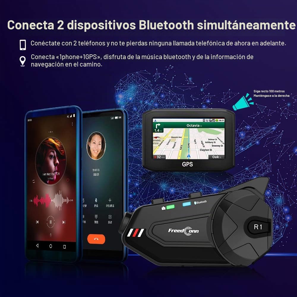 Auriculares para Casco de Motocicleta FreedConn R1plus Bluetooth Intercom FM Negro Impermeables para 6 Ciclistas