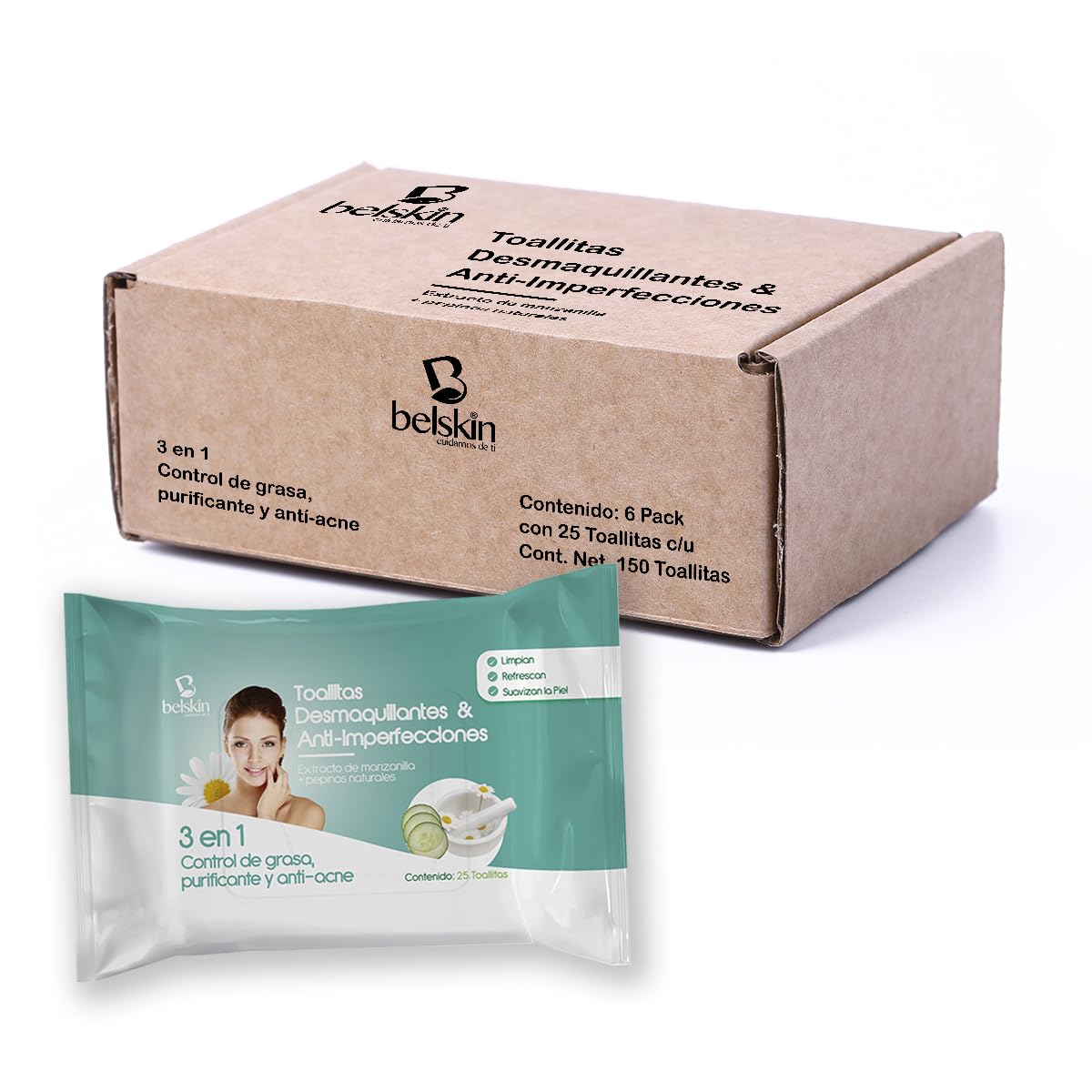 Belskin - Toallitas Desmaquillantes Húmedas - Desmaquillante de Ojos - Toallas Húmedas Faciales - Removedor de Maquillaje - 6 Paquetes con 25 Unidades Cada Uno