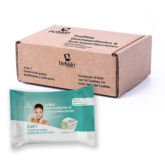 Belskin - Toallitas Desmaquillantes Húmedas - Desmaquillante de Ojos - Toallas Húmedas Faciales - Removedor de Maquillaje - 6 Paquetes con 25 Unidades Cada Uno