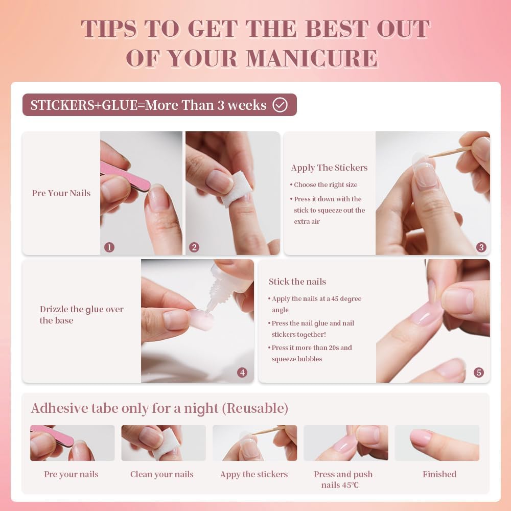 Uñas Postizas de Cortas Largas de Francesa, Adhesivas Uñas Press on Nails de Cobertura Completa, Uñas Falsas Decoradas Acrílico Natural para Mujeres y Niñas (K, 1ml)