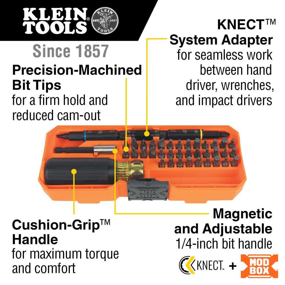 Klein Tools 32501HD KNECT - Juego de destornilladores multipuntas y tuercas con clasificación de impacto de 46 piezas con funda MODbox, 39 bits, 4 destornilladores de tuerca, soporte de brocas, mango