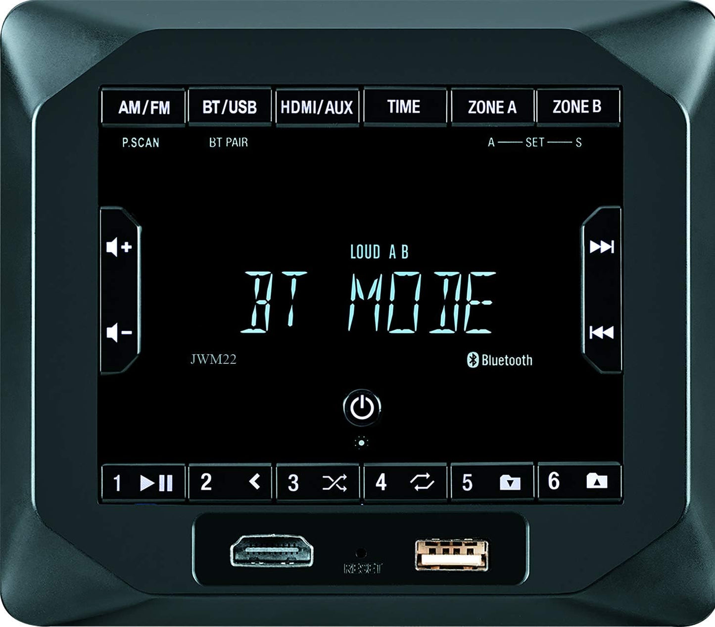 Jensen JWM22 - Altavoces Montaje en pared estéreo, 4X 6 W, 30 presets de estación (18FM/12AM), Bluetooth (A2DP) y controles (AVRCP), Negro