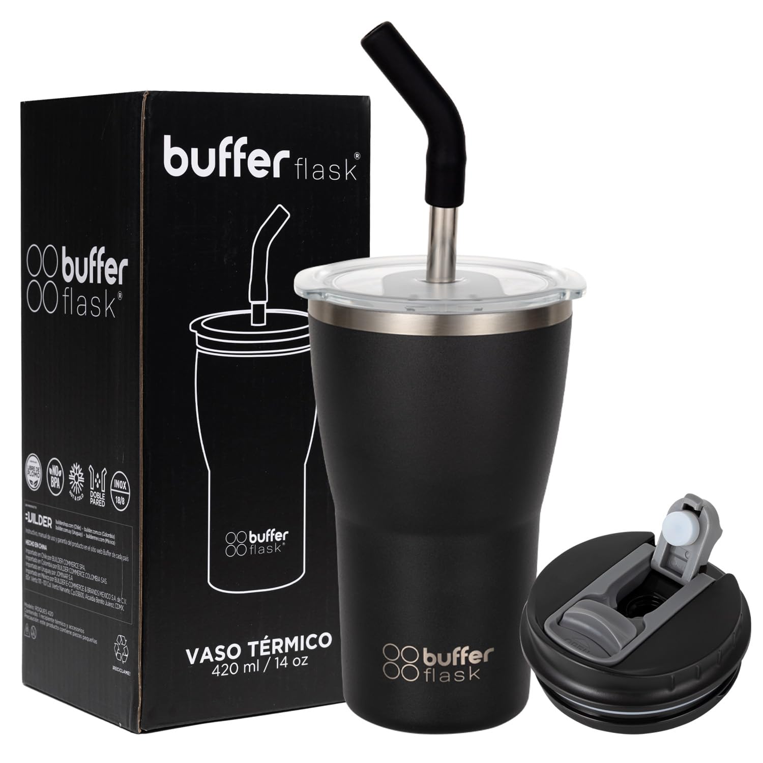 Buffer Flask - Vaso Térmico 420 ml - Termo para Café y Agua de Acero Inoxidable - Tapa Anti Derrame y Fugas - Taza Tumbler Mug para Bebidas Frías y Calientes - Incluye Popote - Color Negro