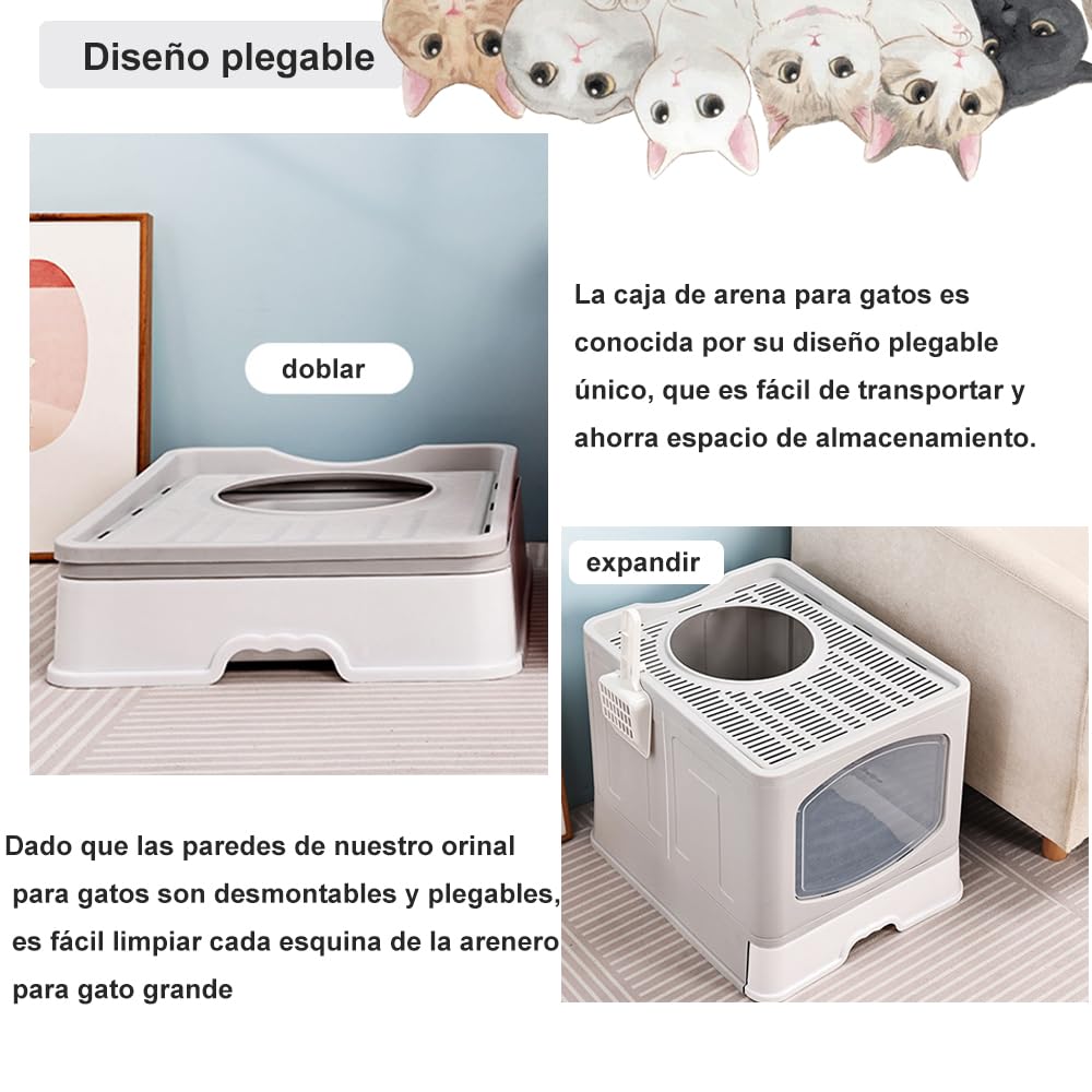 Arenero/Inodoro para Gato con Pala de Plegable, Caja de Arena para Gatos Removibles 51*44*41cm con Puerta Superior&Puerta Lateral Móvil de dos Direcciones, Antiolor y a Prueba de Salpicaduras (Gris)