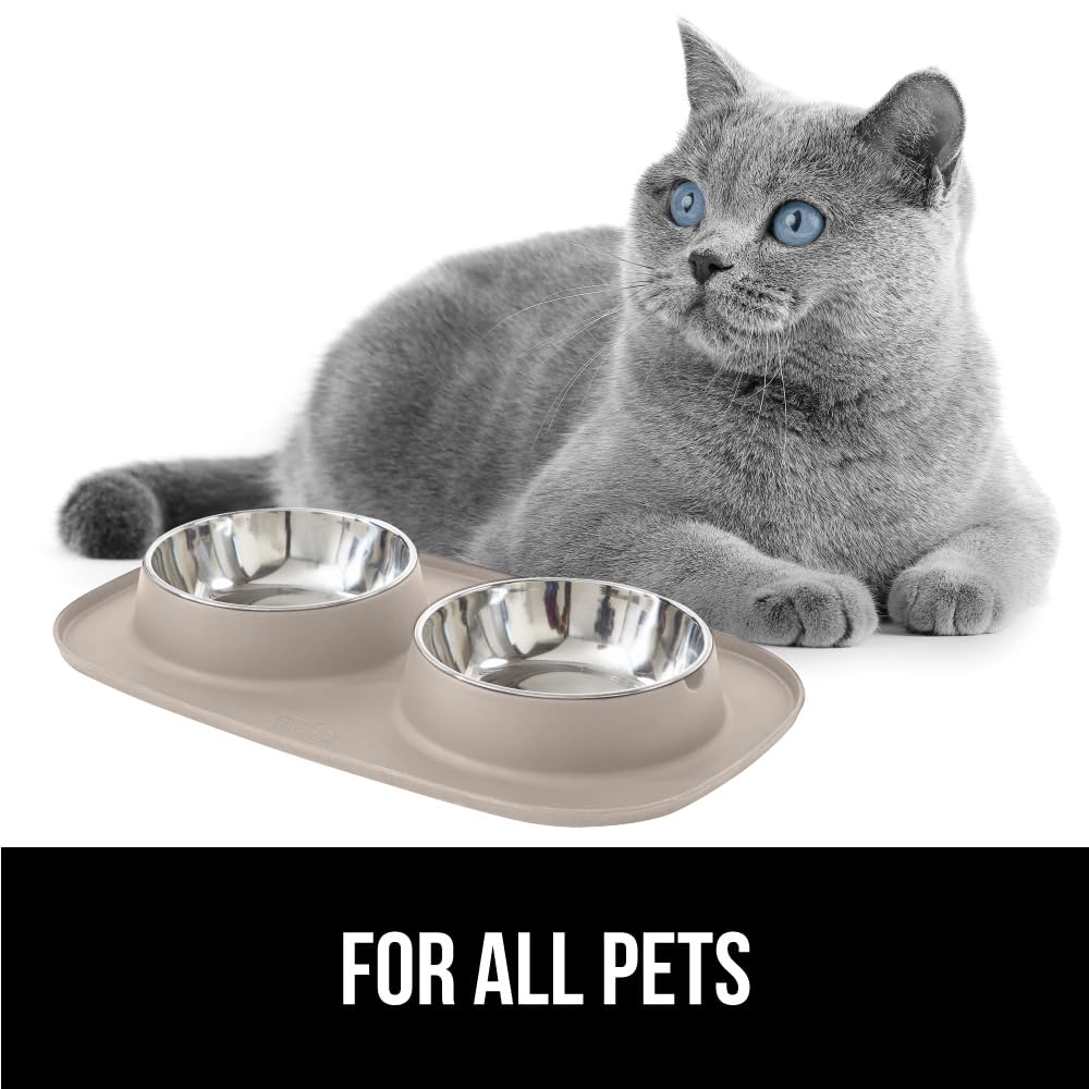 Gorilla Grip Slip Resistant Pet Bowls and Silicone Feeding Mat Set, 3 Cups, Catch Water and Food Mess, Raised Edges for No Spills, Stainless Steel Cat and Dog Dish Bowl, Patent Pending Design, Beige