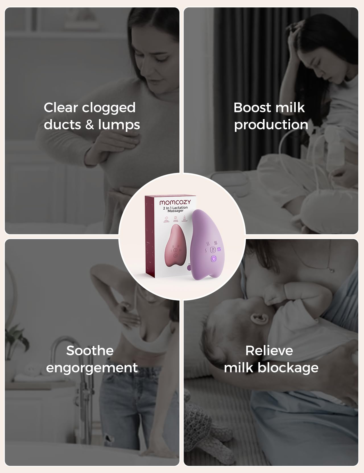 Momcozy A1Pro Masajeador Eléctrico de Lactancia, Vibración Profunda y Calentamiento Rápido para una Extracción Eficiente, Función de Memoria y Carga Rápida, para Postparto, Lila