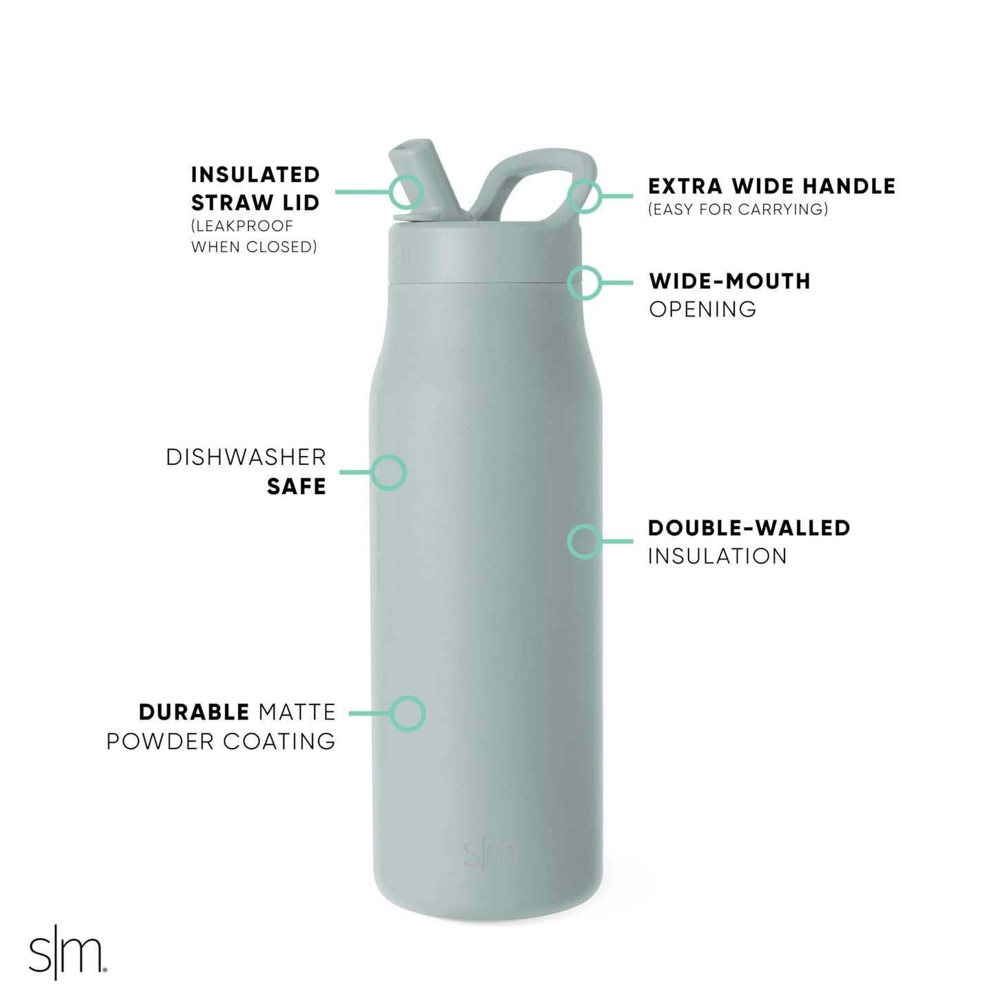 Botella de Agua Simple Modern Sea Glass Sage Termo de Acero Inoxidable для Gimnasio y Viaje 1L