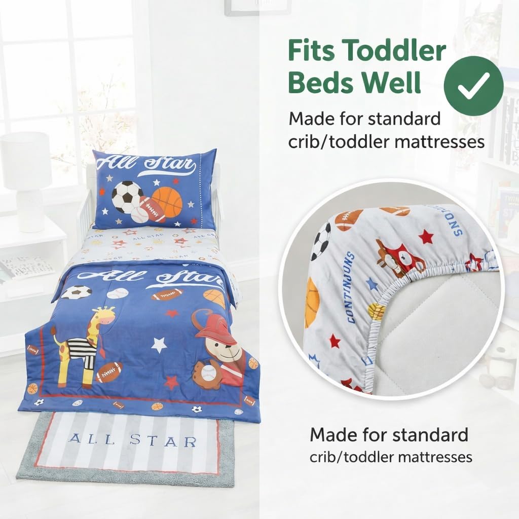 EVERYDAY KIDS - Juego de ropa de cama de 4 piezas para niños pequeños – Jungle Sports – Suave percal 100% algodón, incluye edredón, sábana encimera, sábana bajera ajustable y funda de almohada