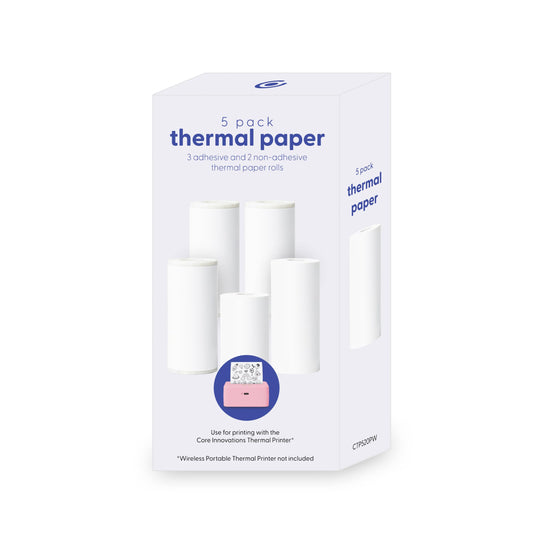 Core Innovations - Paquete de Papel y Adhesivos para Impresora térmica, (3) Adhesivos y (2) Rollos de Papel para Fotos, Etiquetas y Pegatinas, Blanco (5 Rollos)