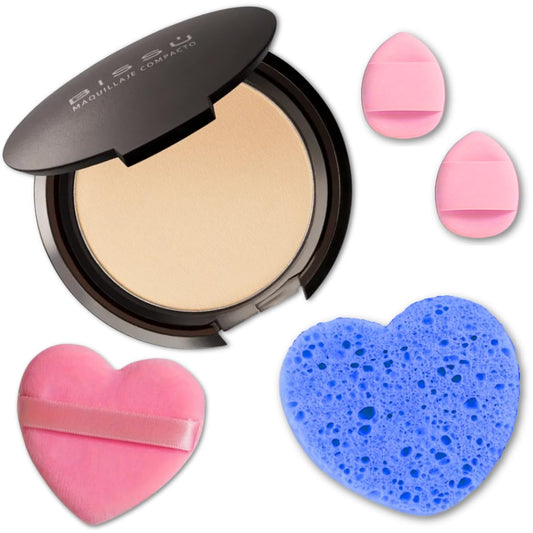 Kit de maquillaje y exfoliación – Polvo compacto Bissú + 1 Almohadilla de terciopelo mediano + 2 Almohadillas de dedos + 1 esponja exfoliante facial (05 Pebble)