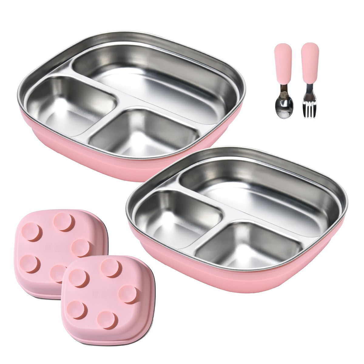 Paquete de 2 platos de acero inoxidable para niños con succión, borde alto de 7.75 pulgadas, a prueba de derrames, 2 cucharas y mangas extraíbles, aptos para microondas y lavaplatos, sin BPA