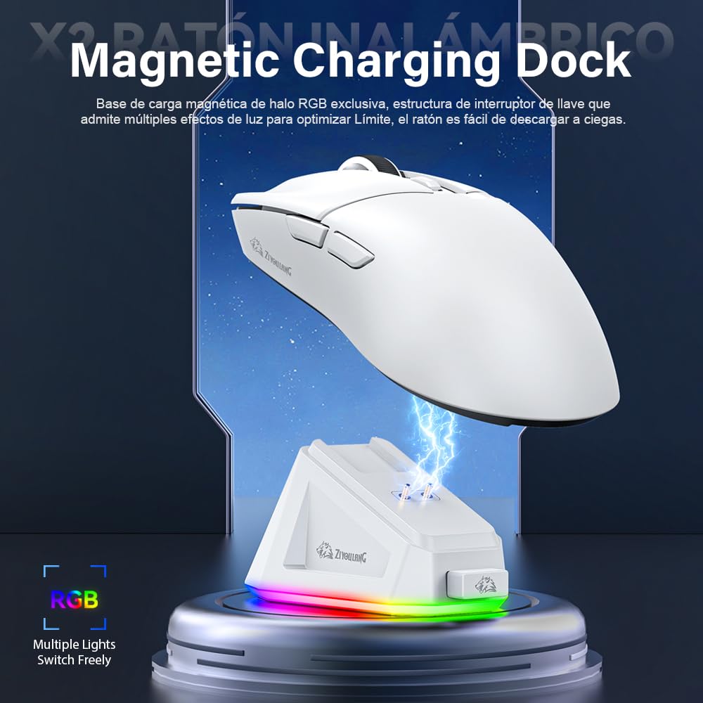 Free wolf X2 Mouse Inalámbrico con RGB Cargador, Mouse Gamer con 3 Modos de Conexión(2.4G/Type-c/BT), 24000DPI, con 7 Botones Programables para PC/Mac(Blanco)