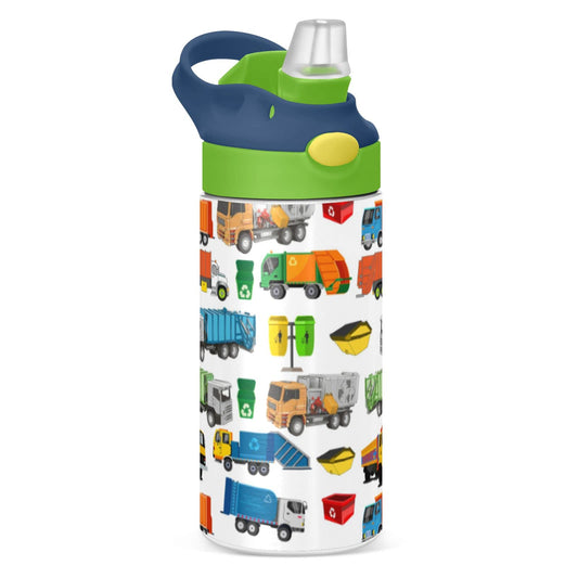 Botella de agua de acero inoxidable para niños, botella de agua aislada al aspiradora de acero inoxidable de 12 onzas para niños y niños, botellas aisladas al aspiradora de doble pared (camiones de