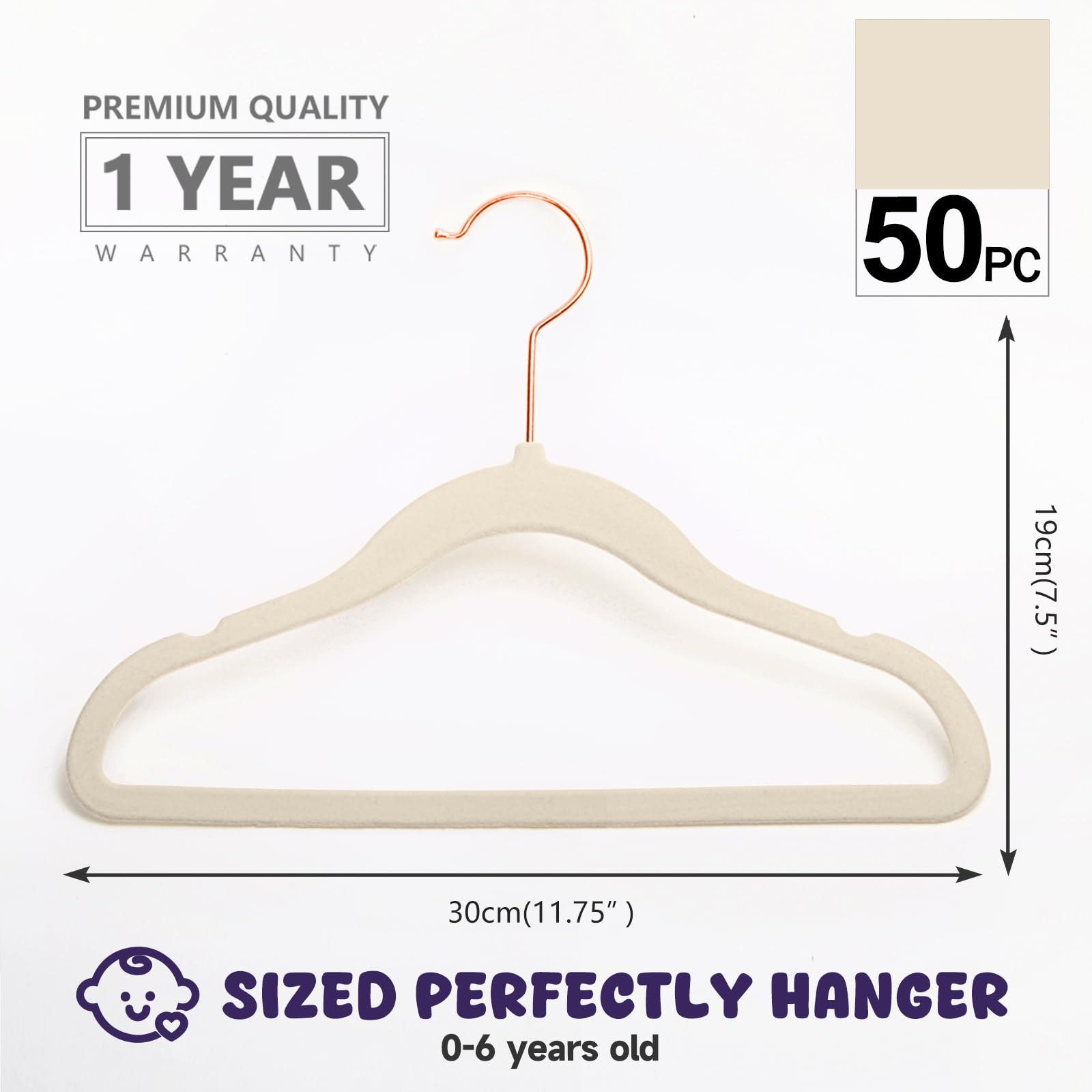 MIZGI - Perchas de terciopelo para niños de alta calidad (paquete de 50) con ganchos de cobre y oro rosa, ahorro de espacio, ultra delgadas, antideslizantes para bebés, pantalones de vestir, perchas