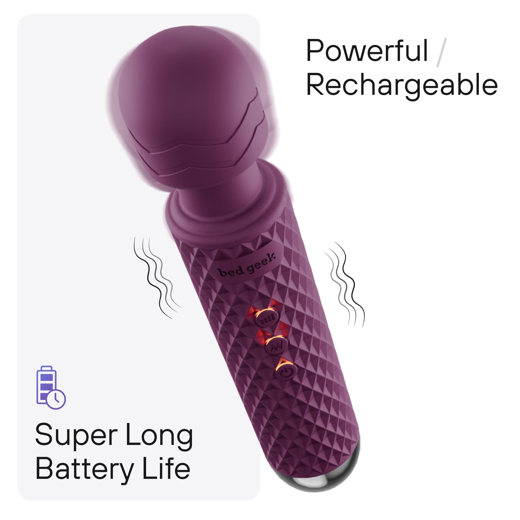 bed geek Wand Masajeador Corporal Personal Inalámbrico de Mano con Función de Memoria, Resistente al Agua, Recargable por USB, 20 Patrones de Vibración, 8 Velocidades, Silicona Suave para la Piel