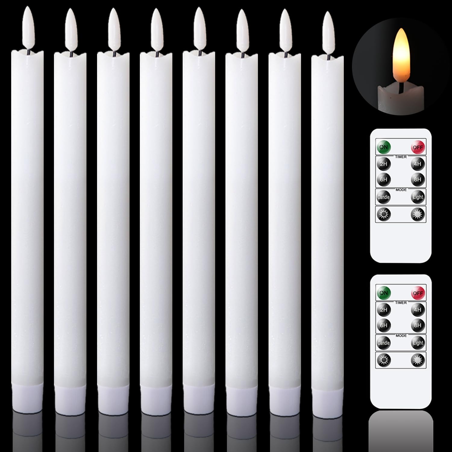 GenSwin - Velas cónicas parpadeantes sin llama con 2 mandos a distancia y temporizador, velas de cera real 3D para ventana, funciona con pilas, paquete de 8, decoración de Navidad para el hogar de