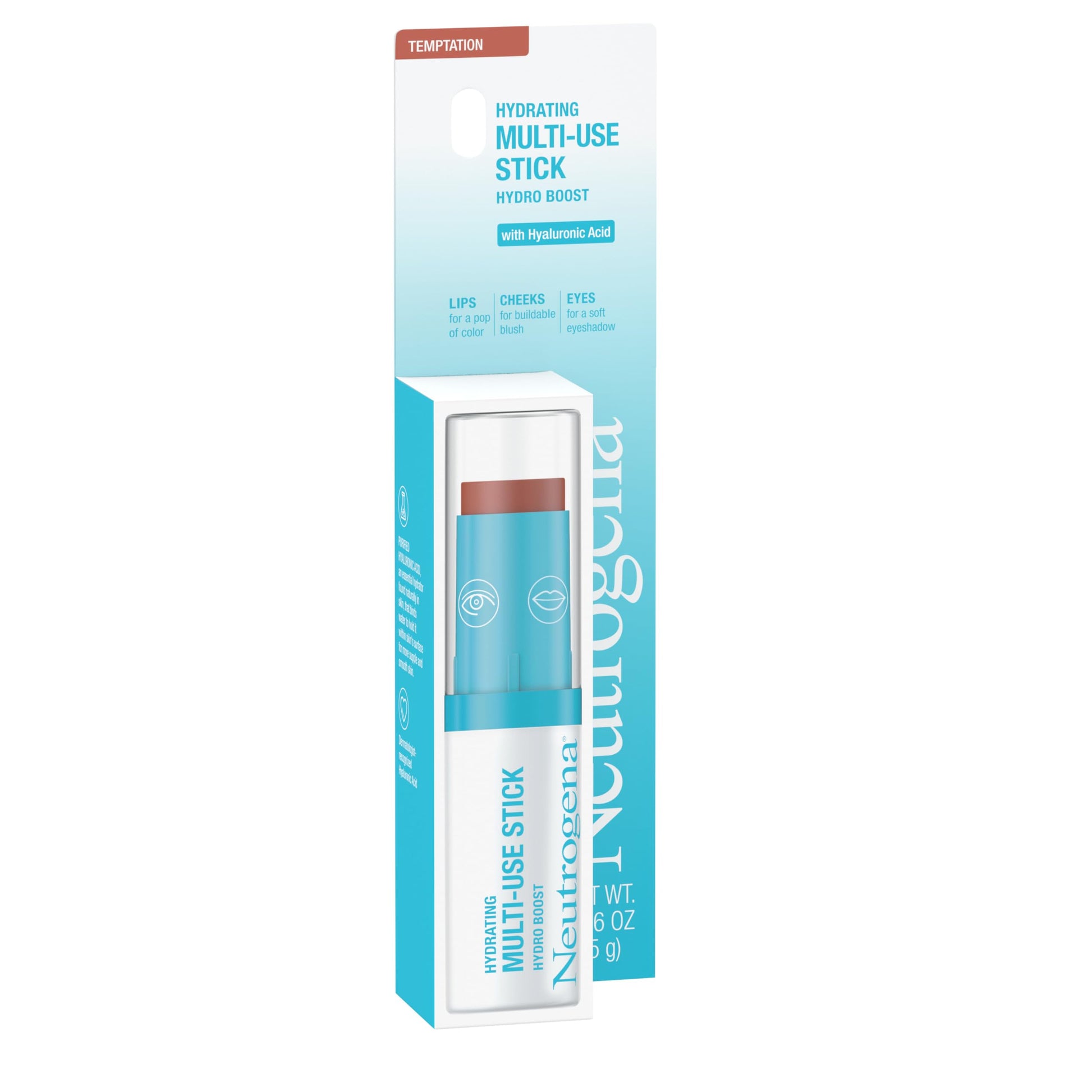 Neutrogena Hydro Boost Hydrating Multi-Use Makeup Stick with Hyaluronic Acid, Multipurpose Colored Makeup Balm for Lips, Cheeks & Eyes, Non-Comedogenic, Paraben-Free, Temptation, 0.26 oz