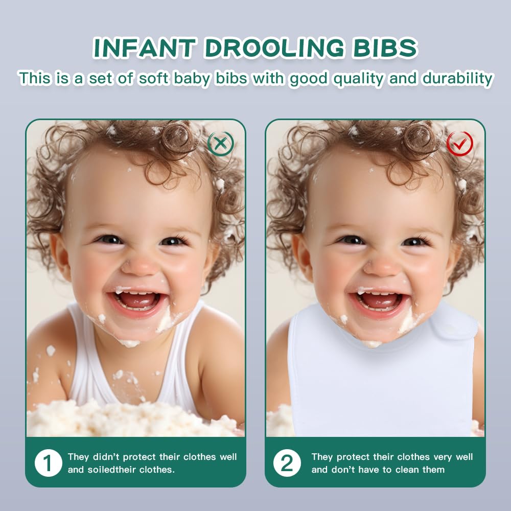 lazyrhino - Paquete de 8 baberos unisex ajustables con broches de presión ultra suaves y absorbentes para la dentición para niños y niñas (blanco)