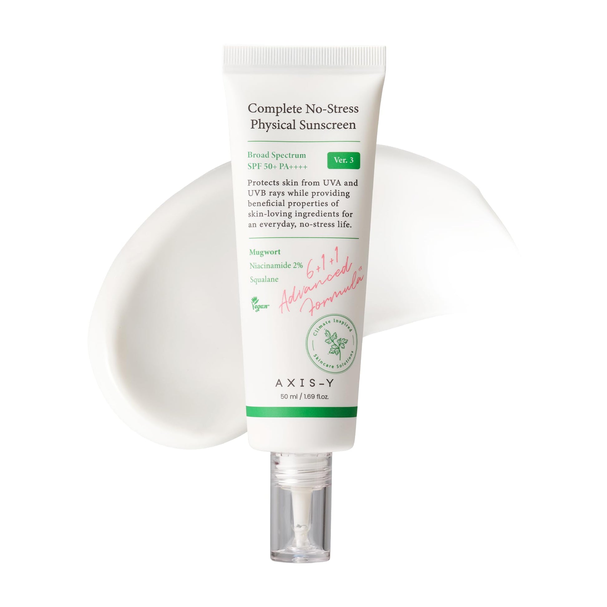 AXIS-Y COMPLETE NO-STRESS PHYSICAL SUNSCREEN 50ML- PROTECTOR SOLAR SPF 50+ PA ++++ - Protector solar con 2% de niacinamida y péptidos para proteger del sol, reducir manchas y prevenir arrugas - Con óxido de zinc seguro para los arrecifes 50ml