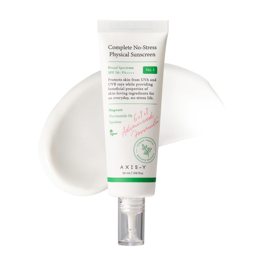 AXIS-Y COMPLETE NO-STRESS PHYSICAL SUNSCREEN 50ML- PROTECTOR SOLAR SPF 50+ PA ++++ - Protector solar con 2% de niacinamida y péptidos para proteger del sol, reducir manchas y prevenir arrugas - Con óxido de zinc seguro para los arrecifes 50ml