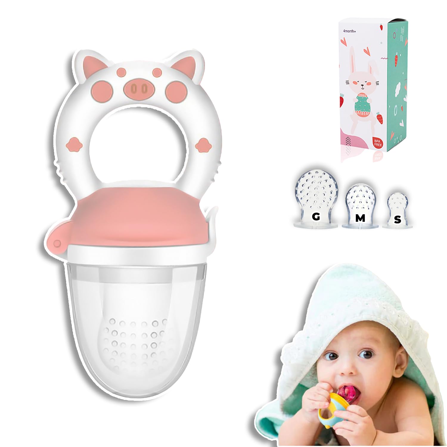 Chupón Para Fruta Y Papilla Sweet Baby Rosa Blanco con Seguro y Tapa dibujos animados, Libre de BPA