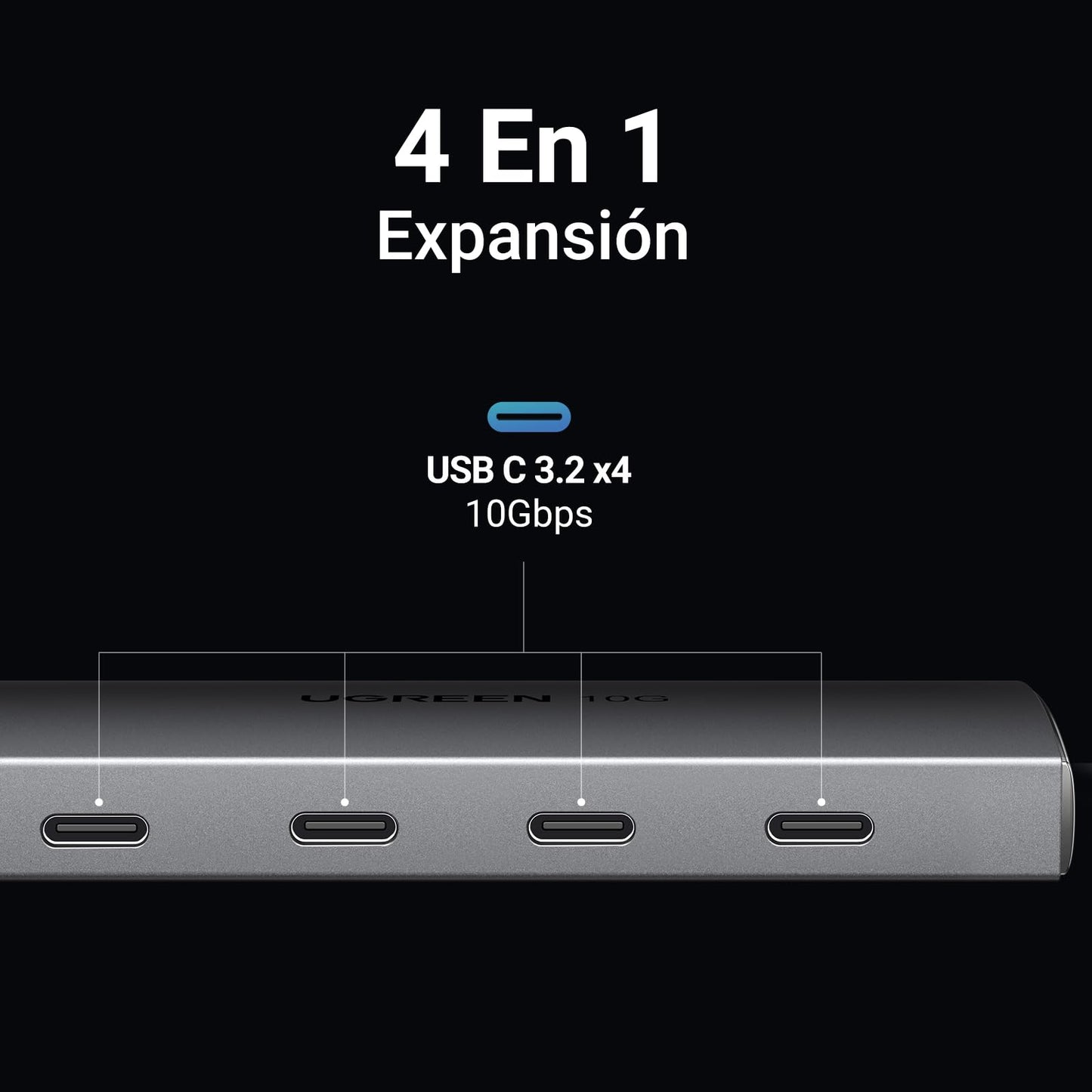 Hub USB C UGREEN 3.2 Gris con 10Gbps y 4 Puertos Compatible con MacOS, iOS, Windows y Android