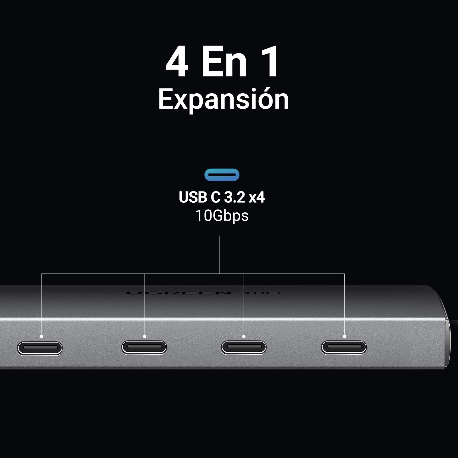 Hub USB C UGREEN 3.2 Gris con 10Gbps y 4 Puertos Compatible con MacOS, iOS, Windows y Android