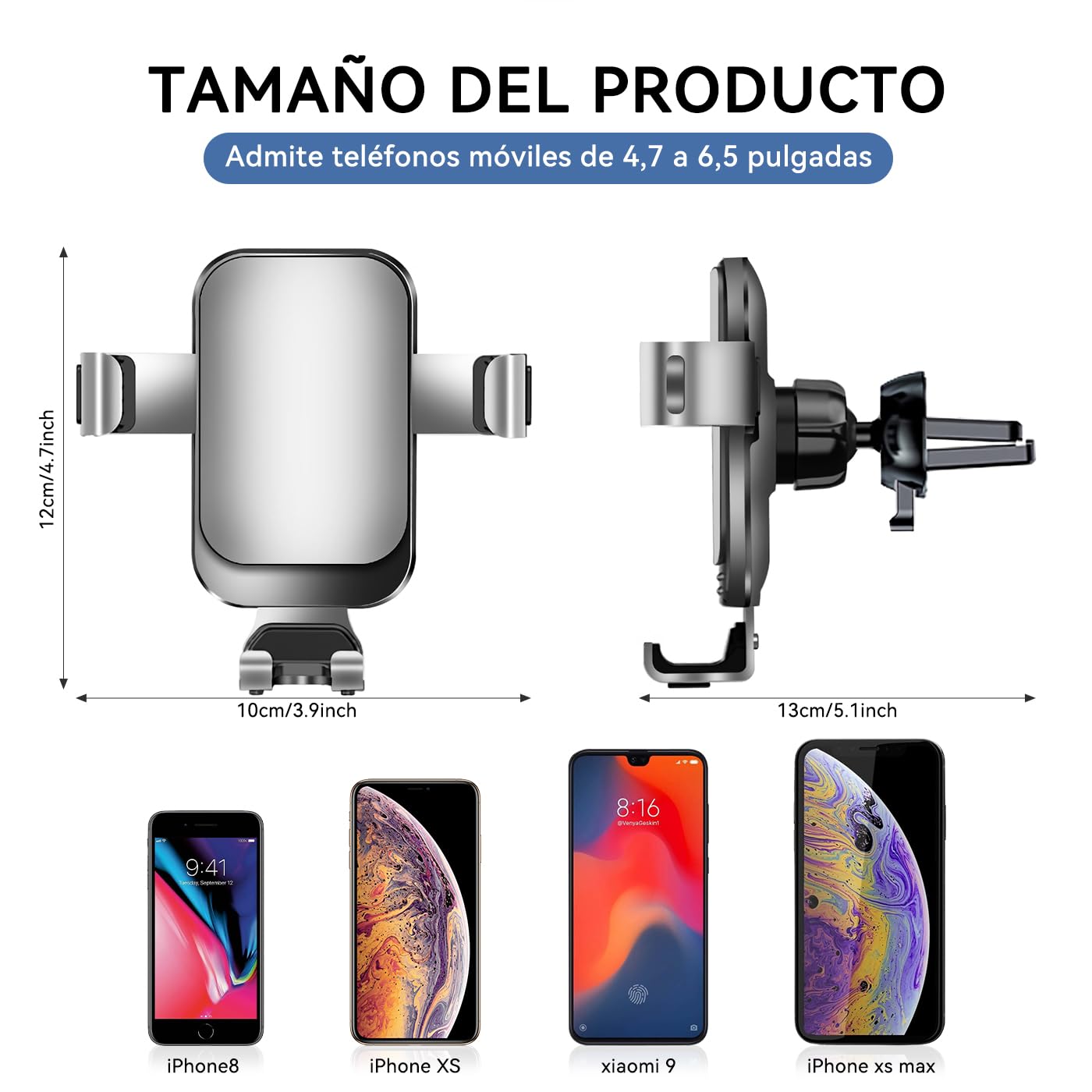 Soporte Celular Auto Giratorio 360° con Gancho Metálico y Botón Liberación para iPhone Galaxy Xiaomi Huawei 4.7"-6.5"