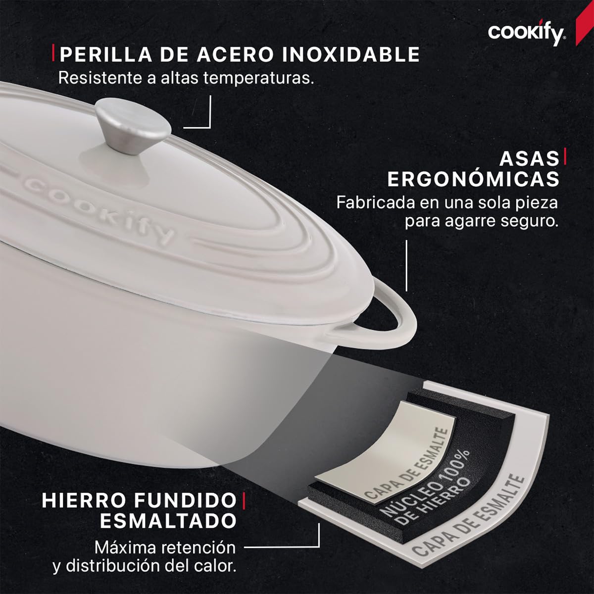 Cookify Olla de Hierro Fundido Esmaltado para Horno y Estufa, Horno Holandés Capacidad 7 Litros Dutch Oven (Taupe, 35 cm)