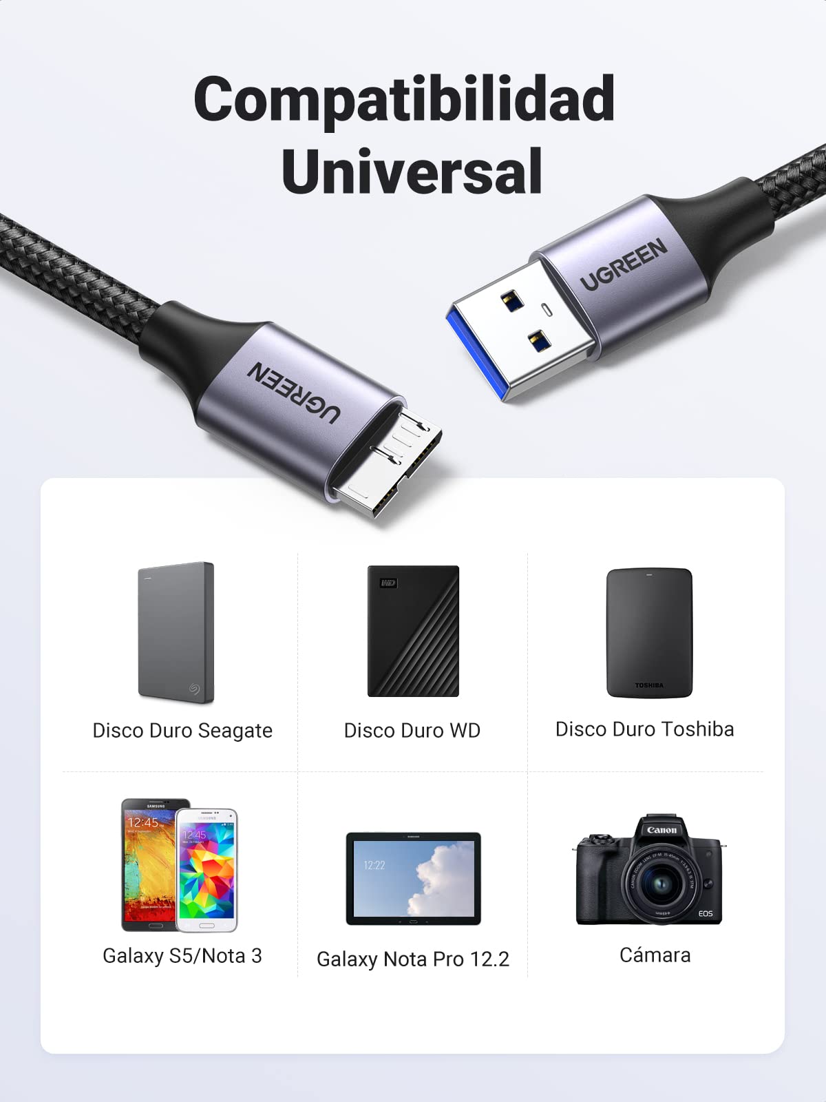 UGREEN Cable Micro B USB 3.0 Cable USB 3.0 Tipo A a Micro B Transferencia 5 Gbps para Disco Duro Externo WD Passport Toshiba Canvio Seagate Maxtor de Carga para Galaxy Note 3, S5, 0.5 Metros