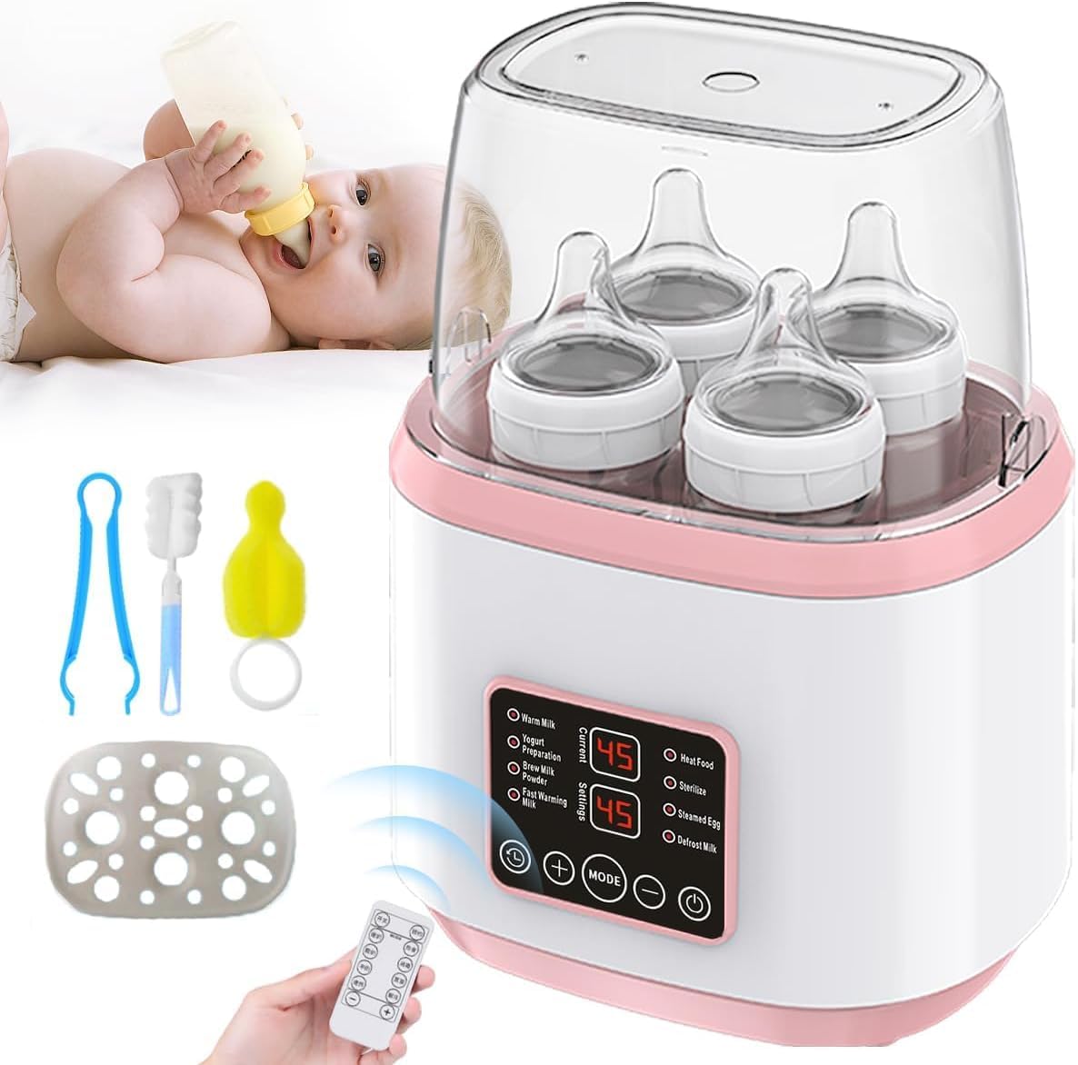 Calentador de Biberones, Esterilizador de Biberones Multifuncional 9 en 1, Calienta Biberon para Bebe Portátil, Apto para 4 Biberones, Pantalla LCD Control Preciso de Temperatura, Modo Constante de 24H