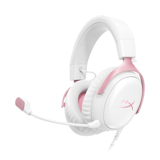 HyperX Audífonos Cloud III – con Cable, PC, PS5, Xbox Series X|S, Memory Foam, Ultra-Clear 10mm Mic, USB-C, USB-A, 3.5mm, Blanco/Rosa