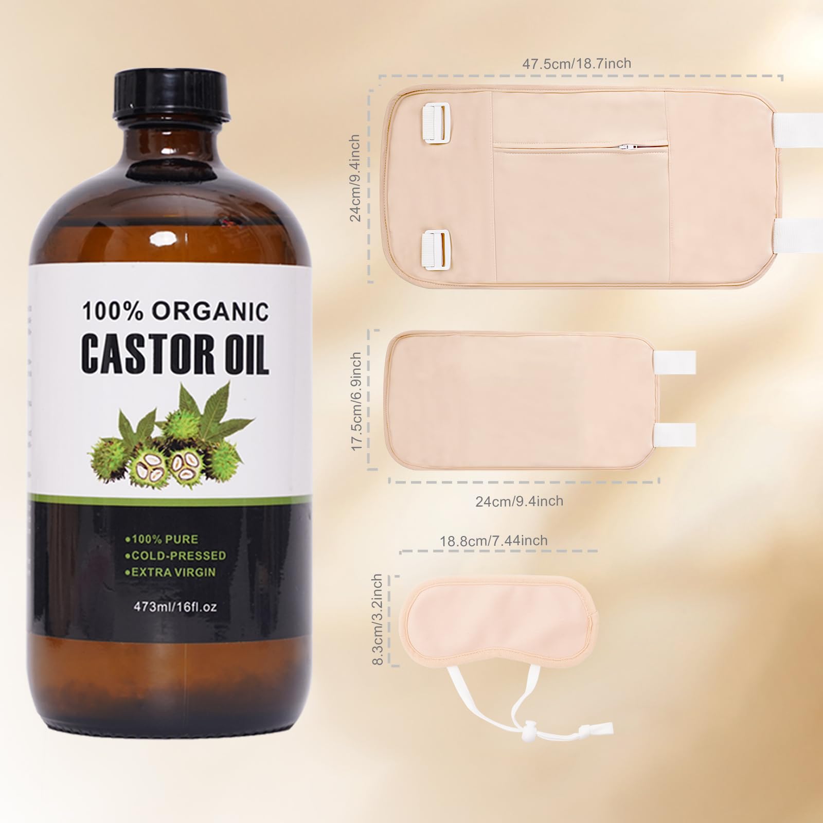 XIKERAY - Aceite de ricino orgánico prensado en frío sin refinar (16 onzas/473 ml), paquete de aceite de ricino reutilizable, algodón orgánico, kit de aceite de ricino para cintura, rodillas y cuello
