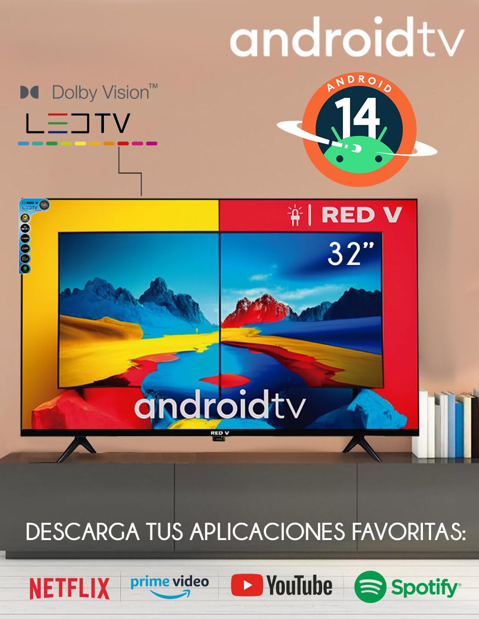 Red V Televisión Redv 32 Pulgadas Smart TV Android 12 HD - Pantalla LED, Resolución HD 720p, Acceso a Apps de Streaming, Conectividad WiFi, Puertos HDMI y USB, Dolby Audio, Bisel Delgado