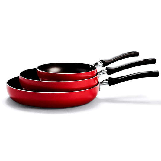 LAMEX | Juego x3 Sartenes Antiadherentes - Profundos | Utensillos de Cocina | Ideal para tu Hogar & Cocina Integral | 18-24-28 cm - Resistencia 3.2 mm de Espesor | Color Rojo