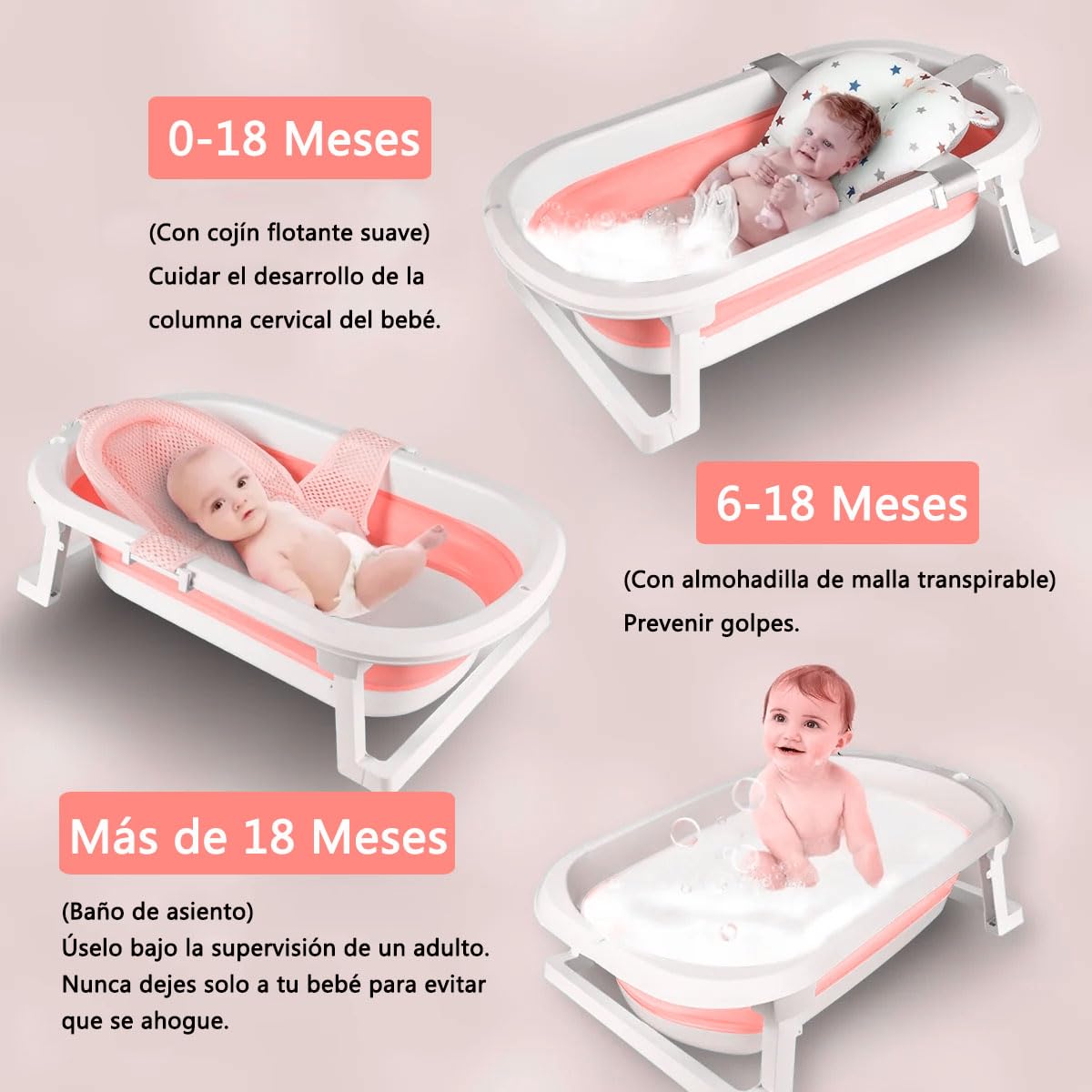 Bañera Tina de Baño Plegable para Bebés - Tina Para Baño Bebé Portátil, con Cojín Antideslizante y Visualización de la Temperatura, con Orificio de Drenaje, Apto para Niños de 0 a 6 Años (Rosa)