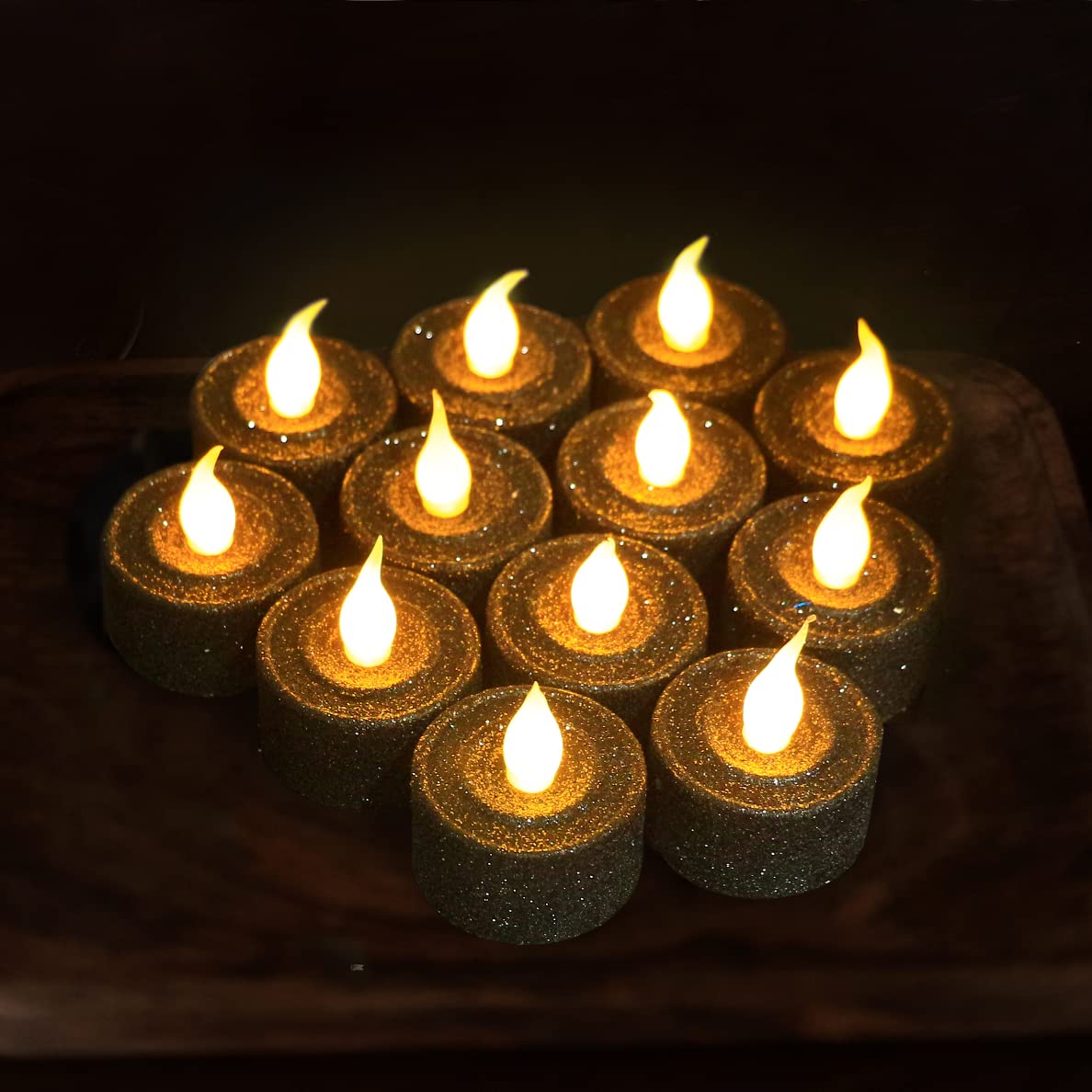 FURORA LIGHTING - Velas LED con purpurina negra, paquete de 12, velas parpadeantes sin llama para decoración del hogar, 1.5 pulgadas de ancho x 1.65 pulgadas de alto, funciona con pilas