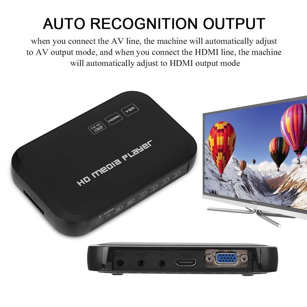 Eboxer HDMI Reproductor Multimedia, Mini 1080p VGA AV Video Media Player para-MKV/AVI Soporte U Disco/Tarjeta SD/Disco Duro Móvil(US Plug)