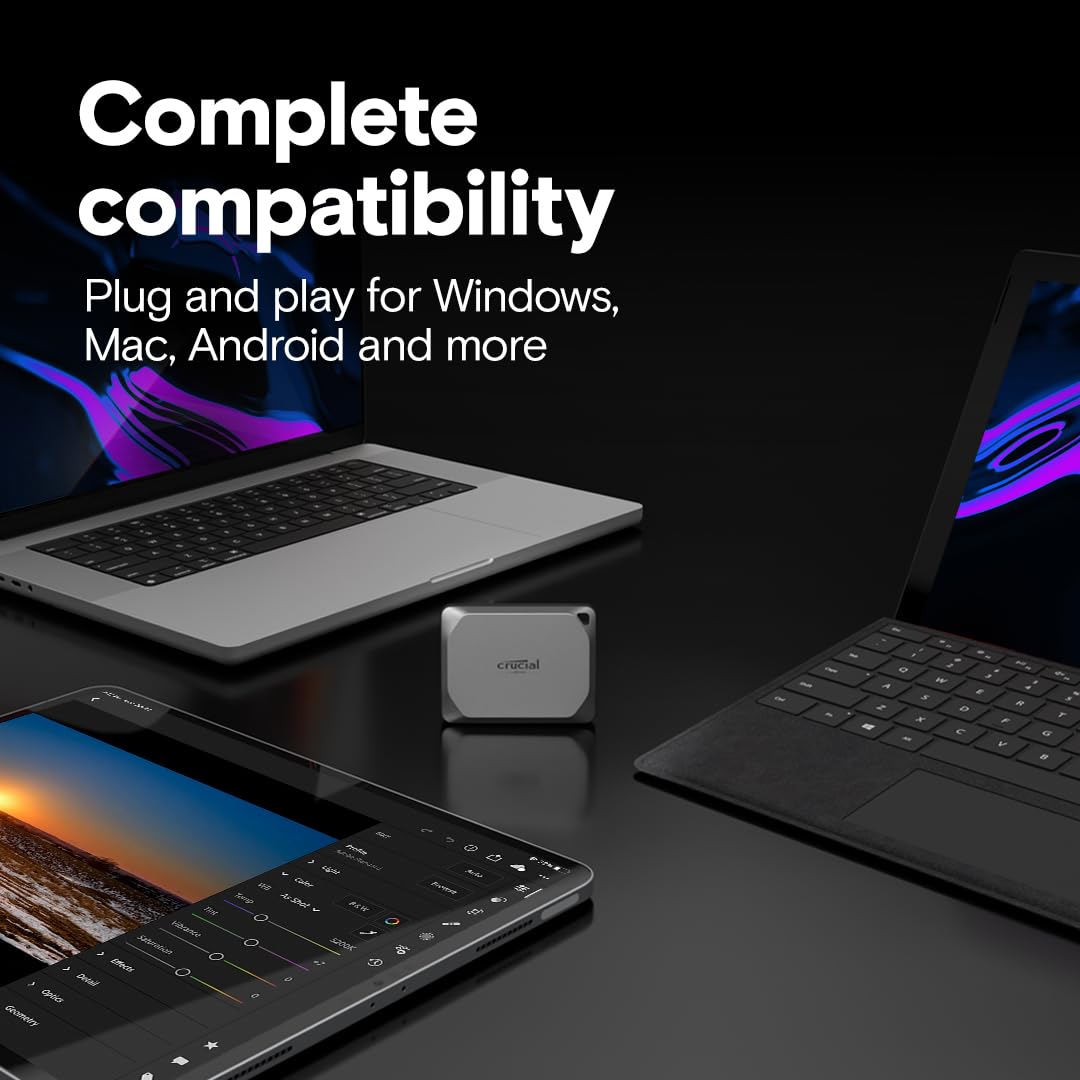 Crucial X9 Pro SSD portátil de 2 TB, hasta 1050 MB/s de Lectura y Escritura, 3.2 USB-C, Unidad Externa de Estado sólido, Almacenamiento Duradero para PC y Mac, para Creadores de Contenido y