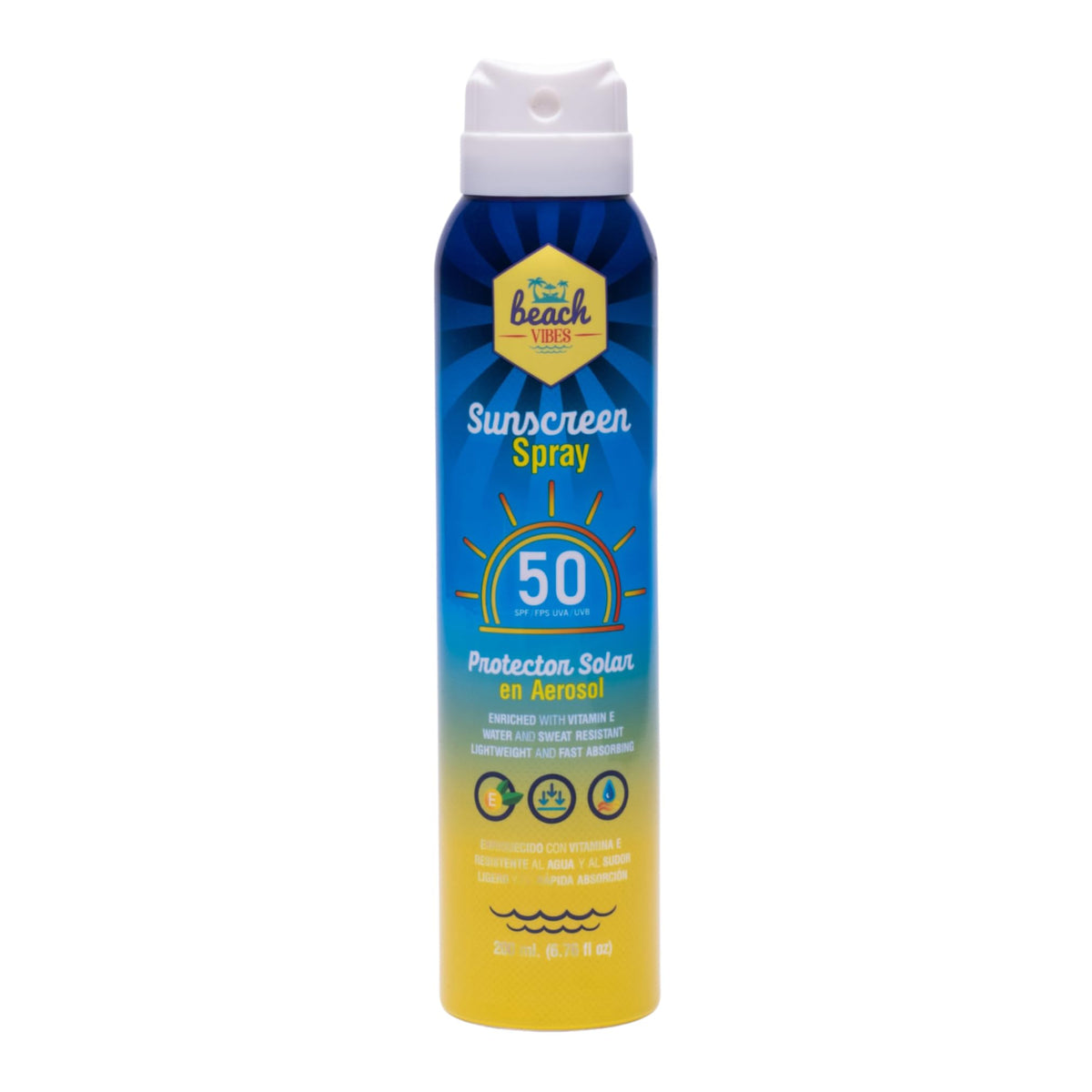 Protector Solar Aerosol Beach Vibes 50+ FPS Enriquecido Vitamina E Resistente Agua y Sudor