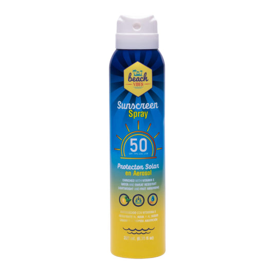 Protector Solar Aerosol Beach Vibes 50+ FPS Enriquecido Vitamina E Resistente Agua y Sudor