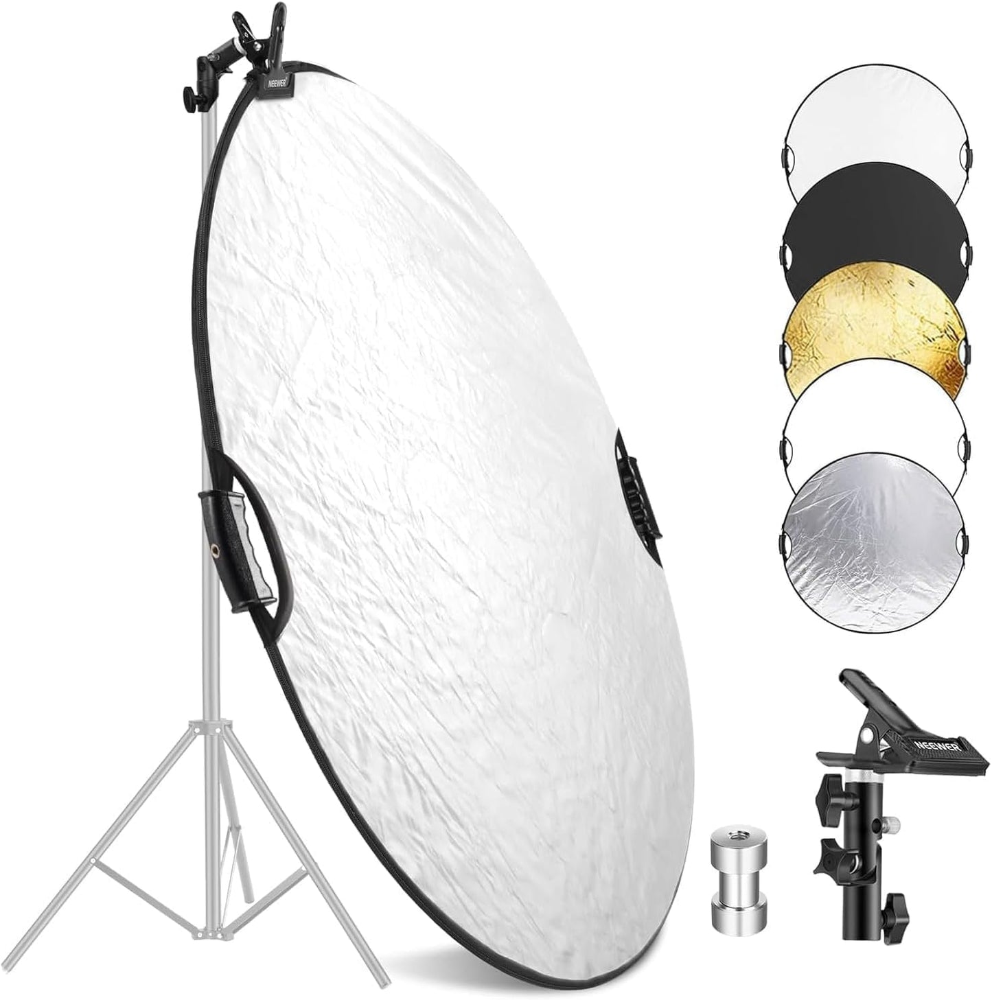 NEEWER 43"/110cm Reflector de Luz con Abrazadera y Empuñaduras, Reflector de Fotografía Plegable 5 en 1 Translúcido/Plata/Oro/Blanco/Negro con Rosca 3/8" para Iluminación Exterior, RF-110II