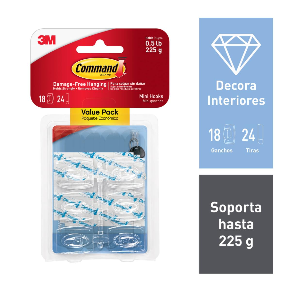Command 3M Gancho Adhesivo sin dañar la superficie, Uso Interior, Mini, Transparente, 18 piezas, Resiste hasta 225gr.