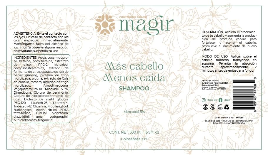 Shampoo Anticaída Magirna con Minoxidil y Biotina, Fortalece y Engrosa el Cabello, Fórmula Intensiva sin Sulfatos ni Parabenos